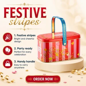 Vintage Metal Picnic Basket Style Tin Box with Movable Metal Handle Oval Tinplate Storage Case for Chocolate Cookies