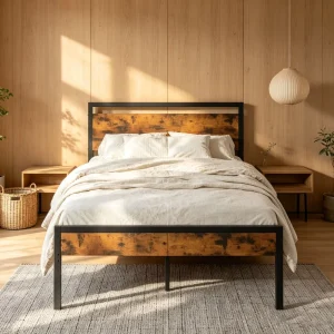 Vintage Wood Effect Metal Bed Sturdy Steel Slat Support Rustic Mixed Iron Bed for Apartment Hotel Bulk Supply