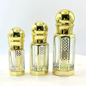 W018 Metal and Glass Perfume or Oil Bottle, Small Gold Irregular Design
