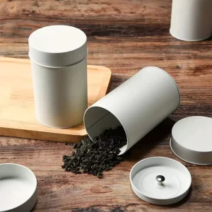 White Food-Grade Tinplate Can with Double-Layer Lid for Green Tea, Coffee Beans, Matcha, and Sugar Storage