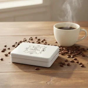 White Rectangular Tinplate Box with Decorative Pattern, Sealable Food Storage and Candy Container
