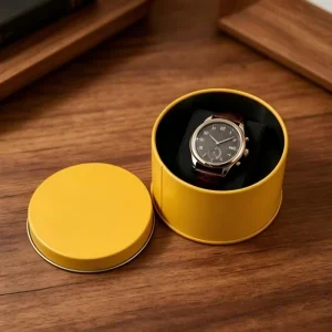 Yellow Round Tinplate Watch Storage Box for Jewelry and Gift Packaging