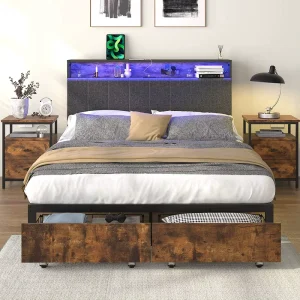 Youth LED Lights Bed with Storage Headboard Drawers Metal Bed Frame with RGB Lights Underbed Storage OEM